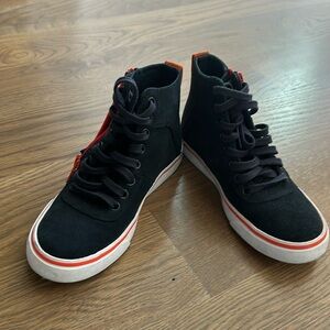 Boys Hugo Boss high top sneakers. Navy and orange suede with zipper.